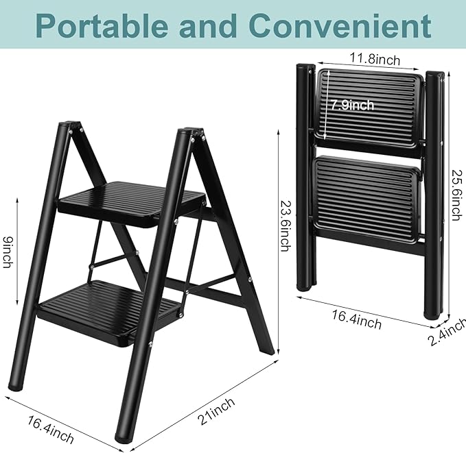 Upgraded 2-Step Ladder, 330 lbs Folding Aluminum Step Stool with Wide Anti-Slip Pedals, Lightweight & Portable Ladder for Kitchen, Closet, Office, Home Use - Black