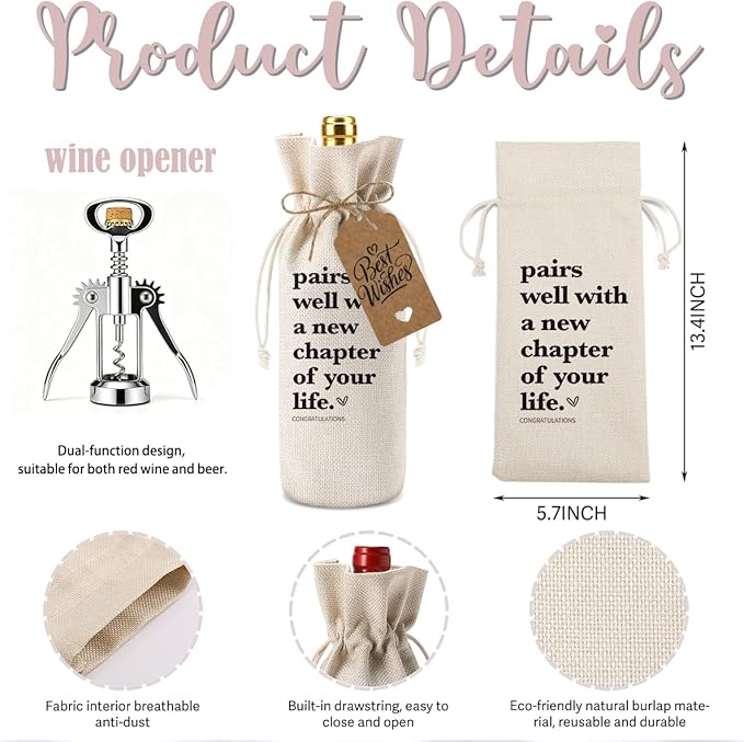 Funny New Chapter Wine Bag Bottle opener Set New Beginnings Gifts for Women Men Farewell Gifts for Friends Going Away Gifts for Coworkers Women Men Moving Away Gifts for Friends New Teacher Gifts
