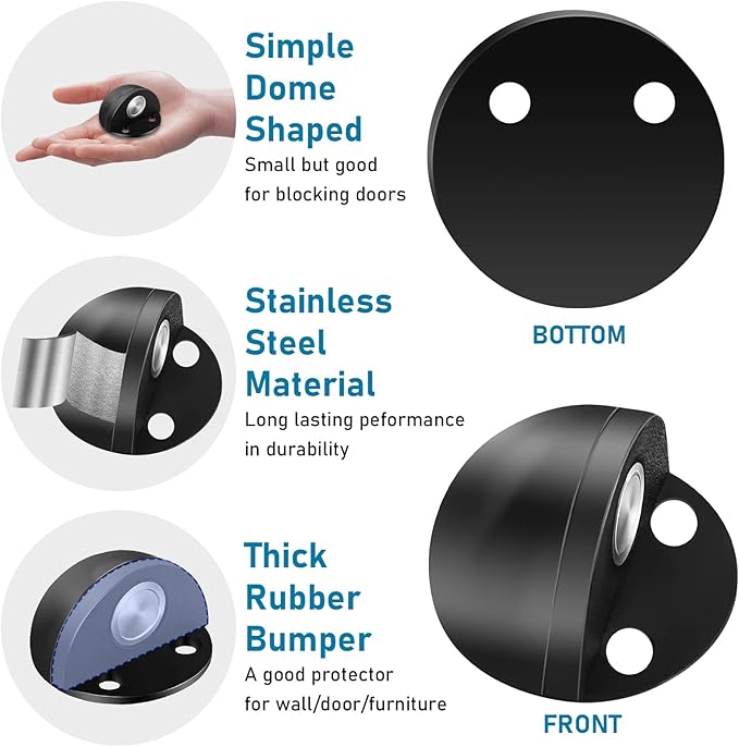 8 Pack Magnetic Door Stops Self Adhesive Floor Mounted Door Stoppers No Drill with Rubber Bumper, Stainless Steel Magnetic Door Catch Holder Keep Door Open, Black
