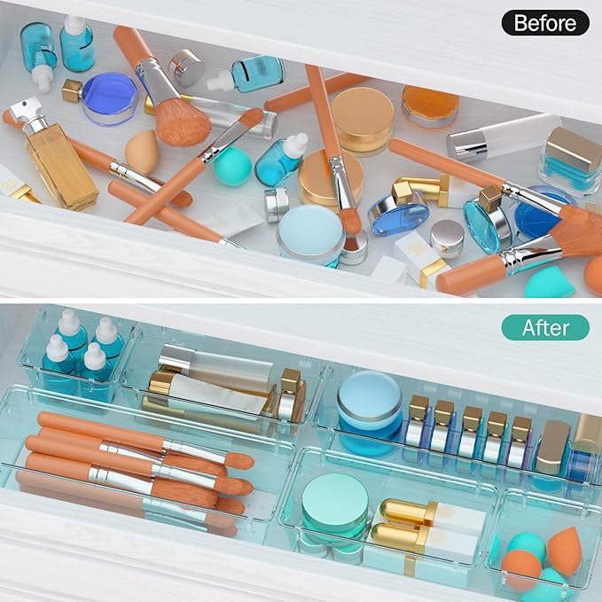 WOWBOX 9 Pack Clear Drawer Organizer Set, Acrylic Drawer Storage Trays, Storage Bins for Makeup, Cosmetics, Jewelries, Utensils, Gadgets, Office, Sea Blue