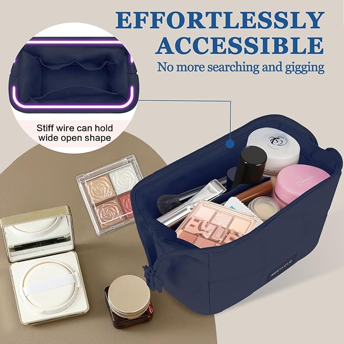 Makeup Bag Travel Toiletry Bag - Cute Make Up Bag, Waterproof Cosmetic Bag with Multiple Compartments, Wide-open Makeup Pouch for Cosmetics, Toiletries, and Travel Essentials, Navy Blue