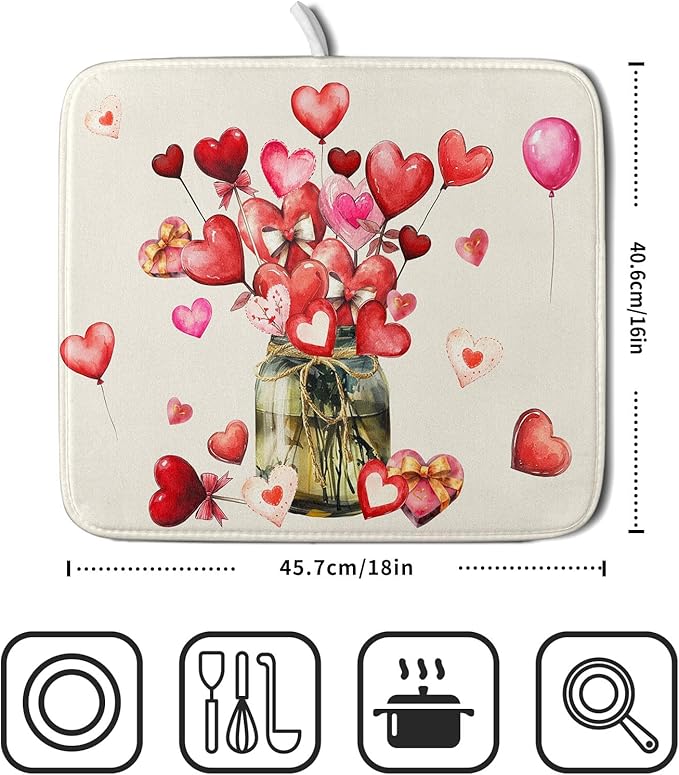 Valentine's Day Dish Drying Mat for Kitchen Counter,Red Love Canes Hearts Decorative Mason Jar Drying Mat 16 x 18 Inch with High Absorbent Microfiber Drainer Mat for Coffee Bar