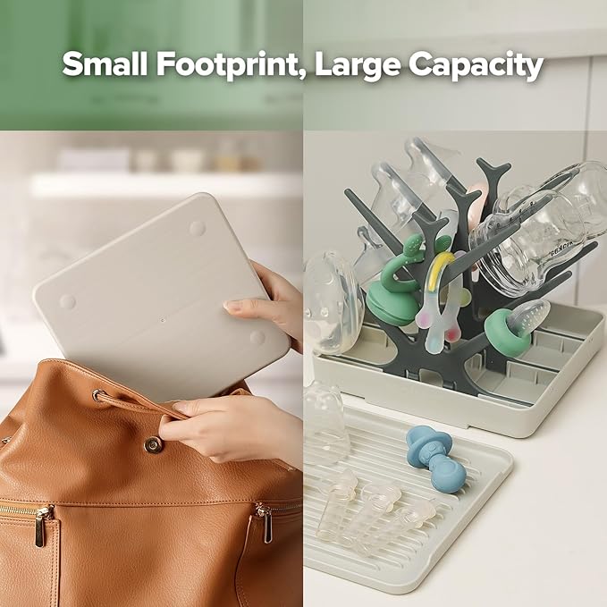 haakaa Portable Baby Bottle Drying Rack with Tray, Space Saving Bottle Drying Tree for Bottles/Pump Parts/Pacifiers,Easy-Store Dryer Rack Great for Home & Travel, BPA Free (Grey)