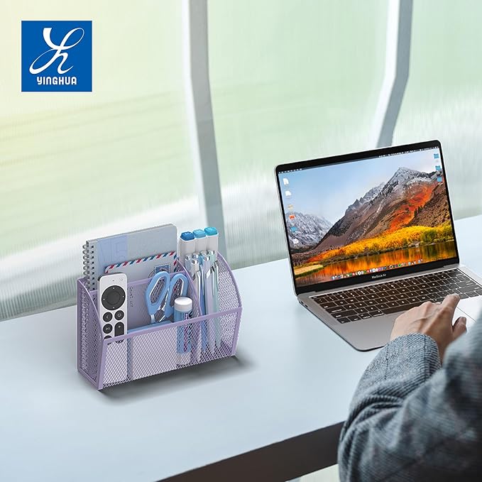 YINGHUA Strong Magnetic Pen Holder for Whiteboard and Refrigerator 3 Compartments Metal Mesh Organizer Space Saving Shelf for Office School Home and Locker - Purple