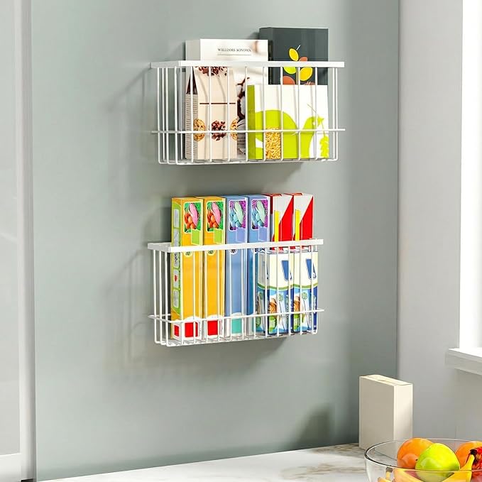 NiHome Magnetic Metal Basket Organizers, Dryer Ball Holder, 2PCS Medium & Small, Versatile Storage for Kitchen & Office Holds Up to 14 lbs, Easy Attach to Refrigerator or Any Magnetic Surface (White)