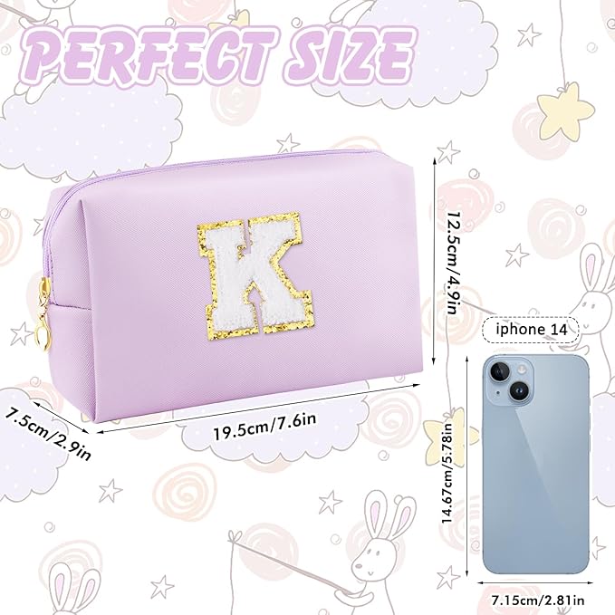Gifts for Girls Initial Makeup Bag Personalized Cosmetic Bag with Zipper Cute Travel Toiletry Bag Waterproof PU Preppy Makeup Pouch Birthday Gift for Teen Girls Women(Purple K)