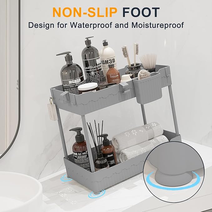 Sevenblue 2 Pack Under Sink Organizer, Under Bathroom Cabinet Organizer with Hooks Hanging Cup, Multi-Purpose Storage Shelf for Kitchen Bathroom (Gray, XL)