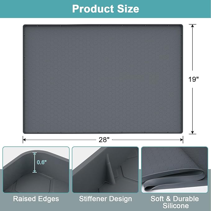 Waterproof Under Sink Mat, 28" x 19" Silicone Under Sink Mats for Kitchen, Under Kitchen Sink Mats and Protector Mat, Sink Cabinet Protector Mats for Bathroom, Gray