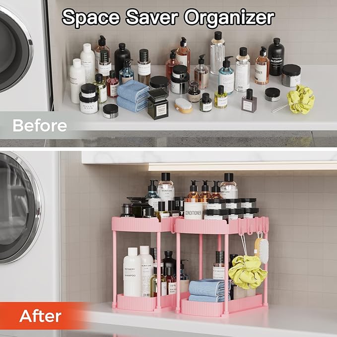 2 Pack Multi-Purpose Pull-Out Storage Organizers, Under Sink Organizers and Storage for Bathroom & Kitchen, Under Cabinet Organizers and storage, 14.8 Inch, Pink