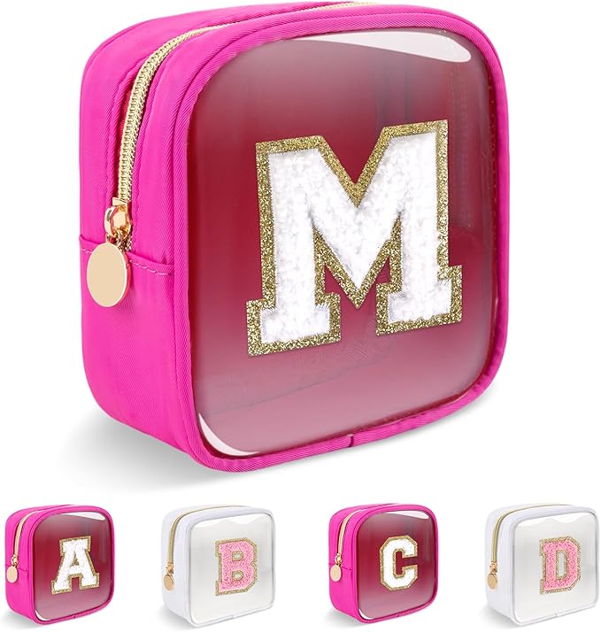 Personalized Initial Letter Clear Preppy Makeup Bag,Mini Nylon Chenille Letter Cosmetic Bag Cute Zipper Pouch Coin Purse for Teen Girls,Portable TSA Approved Travel Essentials Bag Gift for Women,M