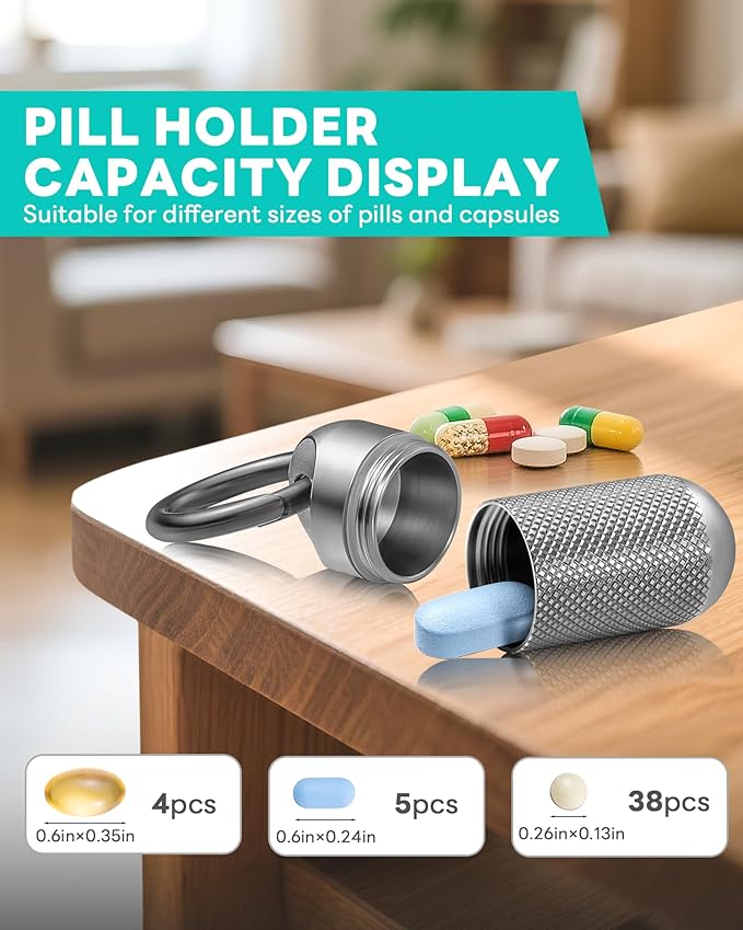 TISUR Titanium Keychain Pill Holder Small Metal Pill Case, Pill Organizer Portable Waterproof Pill Container, Travel Pill Bottle Box for Purse (Large-0.63inch)