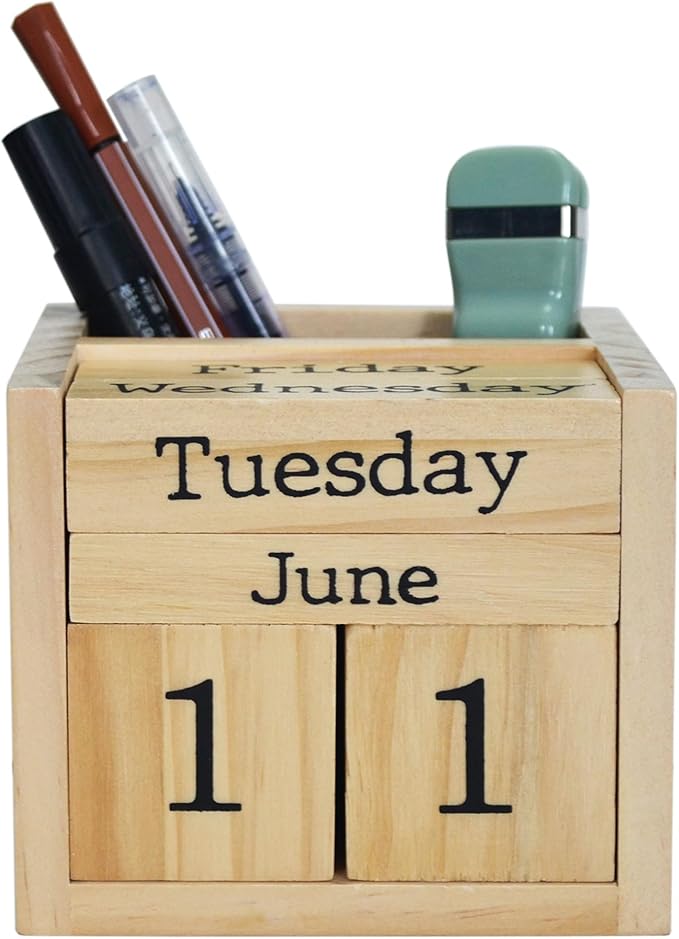Wooden Blocks Perpetual Calendar with Pen Holder - Natural Pine Wood Home Office Desk Organizer -Reusable Date Week Month Accessories Tabletop Ornament