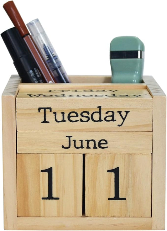 Wooden Blocks Perpetual Calendar with Pen Holder - Natural Pine Wood Home Office Desk Organizer -Reusable Date Week Month Accessories Tabletop Ornament