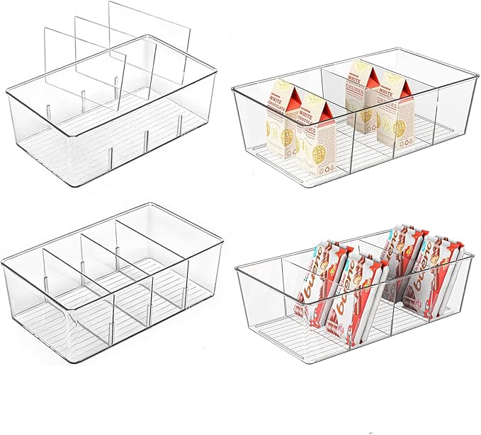 4 Pack Pantry Organizers,Clear Plastic Organizer Bins for Kitchen,Fridge,Drawer Organization and Storage, 4 compartment Snack Containers for Spice Packets,Tea bag