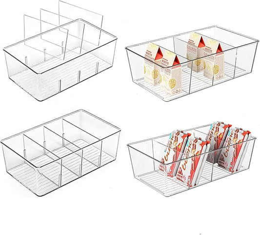 4 Pack Pantry Organizers,Clear Plastic Organizer Bins for Kitchen,Fridge,Drawer Organization and Storage, 4 compartment Snack Containers for Spice Packets,Tea bag