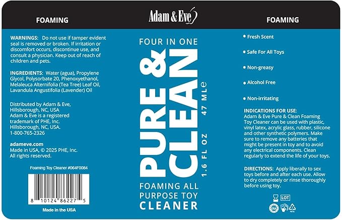 Adam & Eve Sex Toy Cleaner, 4 In 1 Pure And Clean Foaming Adult Toy Cleaner, Fast Acting Misting Spray For Adult Toys, Vibrators, Dildos, Tea Tree Oil Formula Perfect for Gifting, No Residue, 1.6 oz