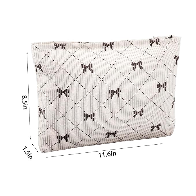 ZLFSRQ Corduroy Makeup Bag for Women Preppy Large Capacity Cosmetic Bags Travel Toiletry Organizer Pouch for Purse Zipper Makeup Brushes Storage Tote Bag Cute Y2K Aesthetic Essential Bags（Khaki Bow）