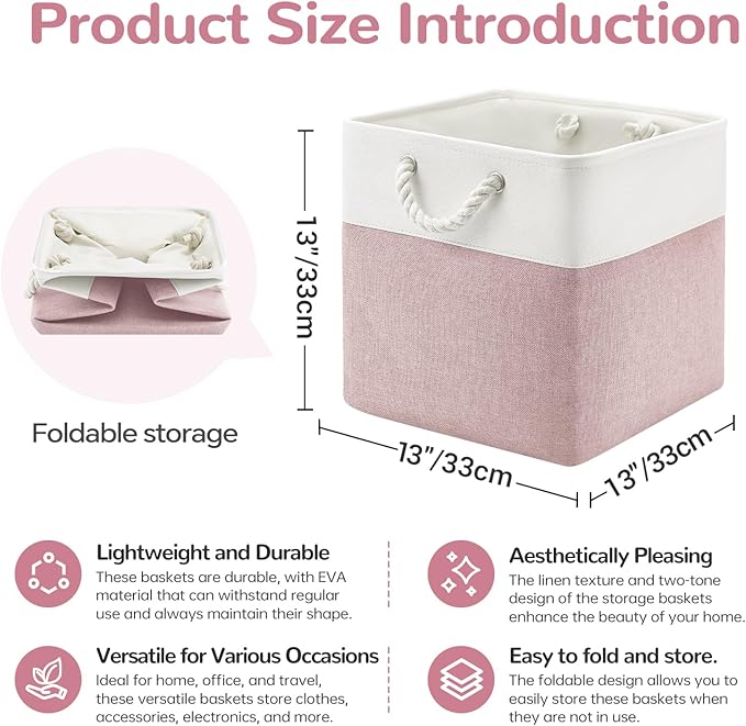 VQRTEXA 13 x 13 Inch Cube Storage Bins, 6 Pack Fabric Storage Basket with Handles, Foldable Boxes Organizer for Shelf Baskets for Home, Clothes (White/Pink)