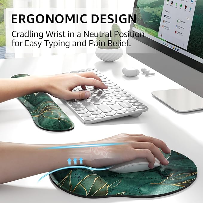 KTRIO Ergonomic Keyboard Wrist Rest and Mouse Pad with Wrist Rest Set, Memory Foam Wrist Support for Typing, Gaming, Office and Home Use, Green Leaves