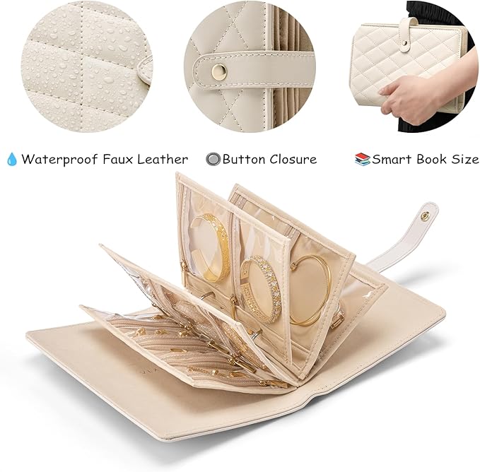 Vlando Jewelry Book Organizer - Leather Travel Jewelry Case with 5 Detachable Pages for Necklaces, Rings, Earrings, Tangle-Free, Giftable, Offwhite