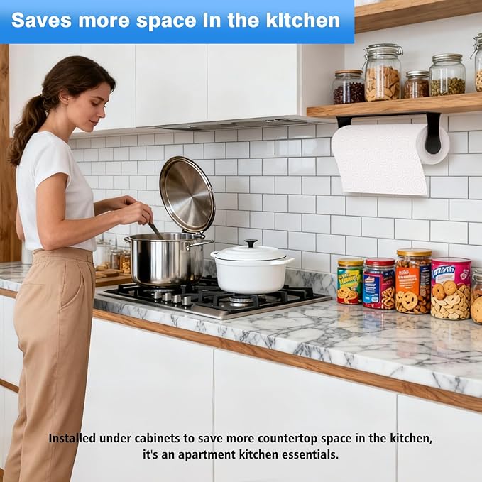 Paper Towel Holder Under Cabinet, Adhesive or Screw Mount, Fits Standard & Mega Rolls, Wall Mount Rack for Kitchen, Bathroom, RV, Black