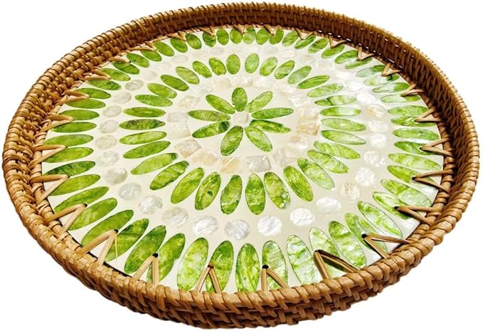 Handmade Round Rattan Tray with Mother of Pearl Inlay, Rattan Service Tray with Wooden Base, Table Decoration with Wicker Baskets, Storage and Display of Bread,Fruit,Desserts (Green Grape)