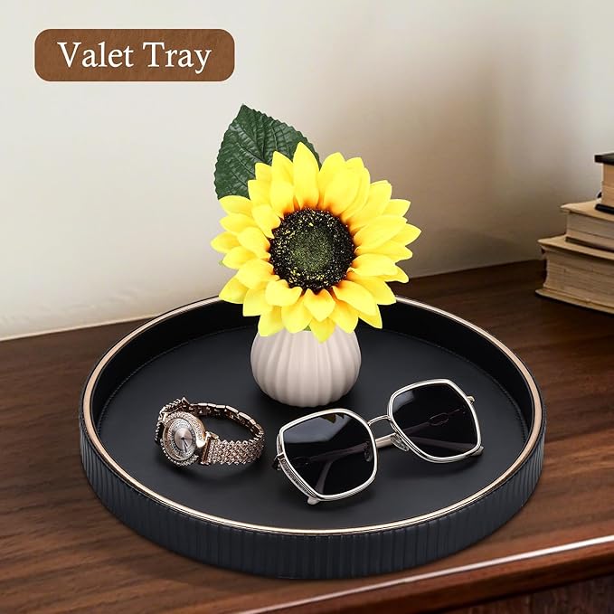 GORESE Decorative Tray for Home Decor, 12" Round PU Leather Coffee Table Tray Table Centerpiece for Living Room, Dresser, Vanity, Valet Tray Nightstand Organizer for Trinket Perfume Key, Black