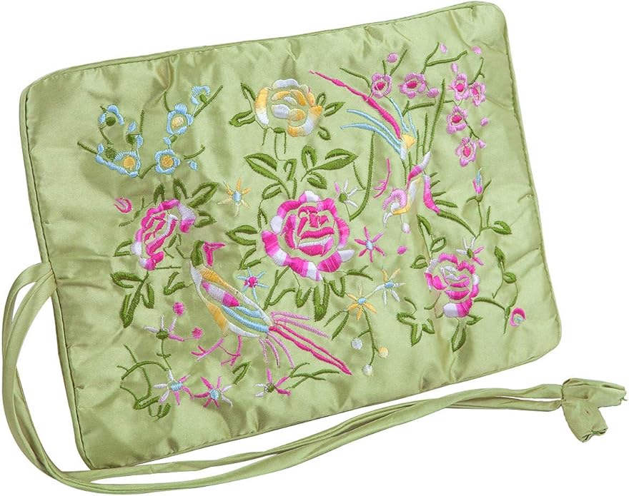 TUMBEELLUWA Embroidery Travel Jewelry Bag Roll Embroidered Flower and Bird Brocade Organizer with Tie Close