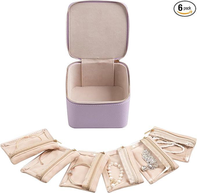 Frebeauty Small Travel Jewelry Box,Travel Jewelry Case with 6 Pouch Bags,Portable Travel Jewelry Organizer,Mini Jewelry Storage,3.35 x 4.9 x 4.8 Inches,Gift Idea for Women Girls (Purple)