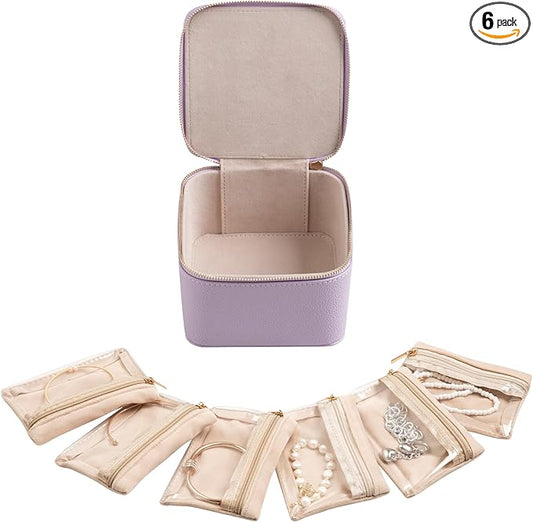 Frebeauty Small Travel Jewelry Box,Travel Jewelry Case with 6 Pouch Bags,Portable Travel Jewelry Organizer,Mini Jewelry Storage,3.35 x 4.9 x 4.8 Inches,Gift Idea for Women Girls (Purple)