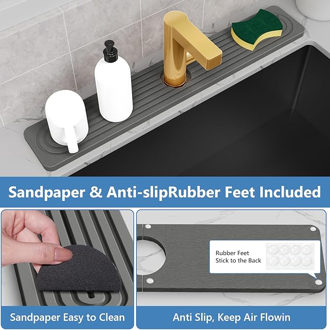 24'' Longer Faucet Mat for Kitchen Sink [Diatomite Stone Super Fast Drying] Stone Faucet Mat for Kitchen Sink Splash Guard Sinks Stones Quick Dry Around Faucets Stones Drying Mats Bathroom
