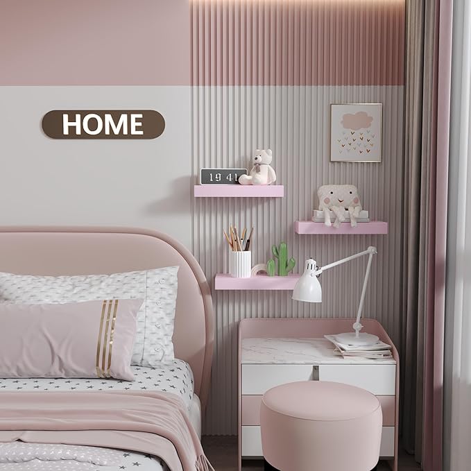 Small Pink Floating Shelves for Wall - 12 x 9 Inch Shelves for Bedroom, Living Room, Bathroom, Kitchen, Office Decor Set of 3