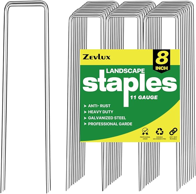 Zevlux Landscape Staples Galvanized Garden Stakes,8 inch 50 Pack 11 Gauge Heavy Duty Garden Pins for Fences, Lawns, Weed Barriers and Landscape Fabrics, Irrigation Hose,Yard Lawn, Landscape Fabric.