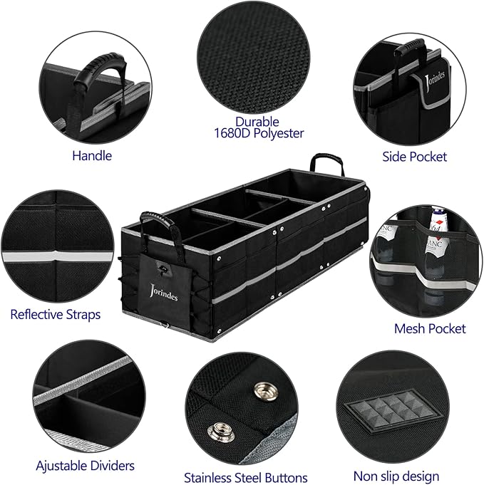 Trunk Organizer With Reflective Stripe For Car,Cargo Organizer For Suv With Non Slip Bottom Strips,3 Large Compartments Foldable Waterproof Portable Car Storage Box,2 Tie-Down Straps