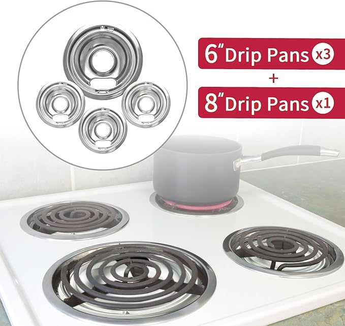 COZZIVITAW10196405 W10196406 Stove Burner Drip Pans for Electric Stove Top-Compatible with Whirlpool Electric Range-Thickening to Prevent Bent-Set of 4 Chrome Drip Pans, Silver