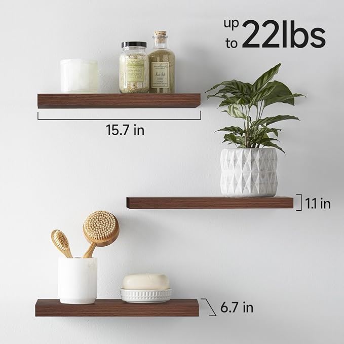 BAYKA Floating Shelves for Wall, Wall Mounted Rustic Wood Shelves for Bathroom, Bedroom, Living Room, Kitchen, Small Hanging Shelf for Books/Storage/Room Decor (Walnut-Like, Set of 3, 15.7in)