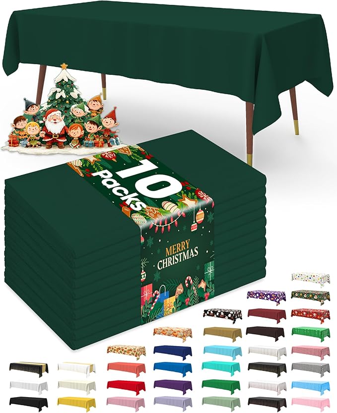 Pureegg Plastic Table Cloth Disposable 10 Pack, 54 x 108 Inch Table Cloths, St Patricks Day, Christmas Decorations, Drak Green Tablecloths, Rectangle, Plastic Cover, Leakproof & Sturdy, Emerald Green