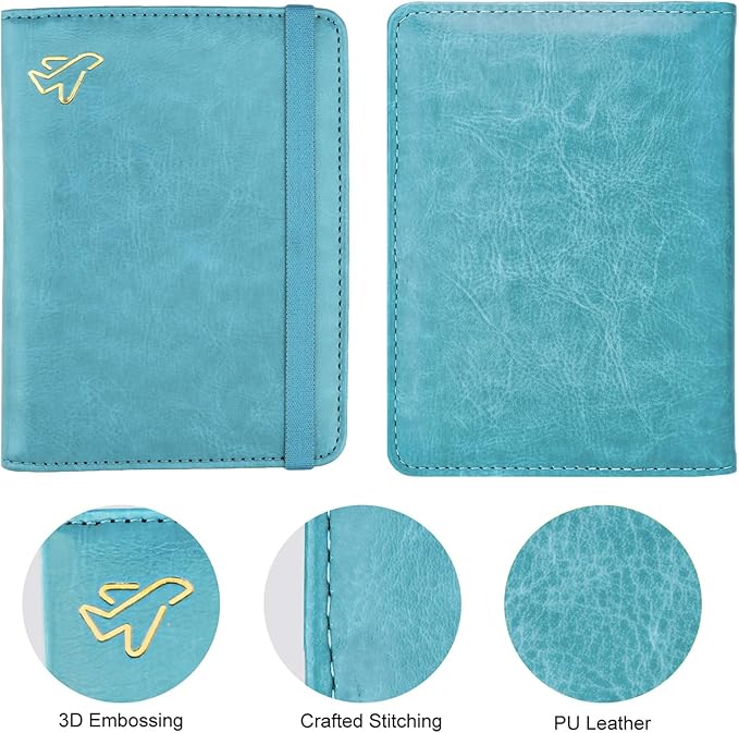 WALNEW Passport Holder for Travel, RFID Passport Cover Wallet for Women Men, PU Leather Passport Book Card Holder Case with Pen (Elastic Band Closure, C-Blue)