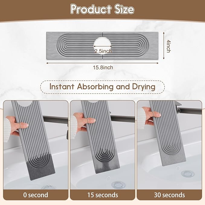 Faucet Mat for Kitchen Sink, Diatomite Quick Drying Tray, 15.8 Inch Kitchen Sink Splash Guard and Bathroom Stone Tray for Counter. Super Absorbent. Deep Grey