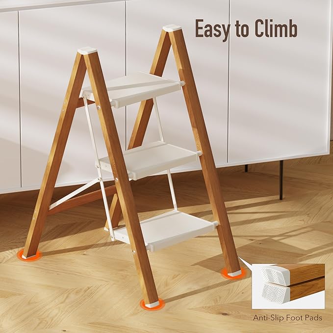 3 Step Lightweight Aluminum Folding Ladder, Portable Step Stool with Wide Anti-Slip Pedals, 330 lbs Capacity for Home,Cleaning Tasks（White&Woodgrain）