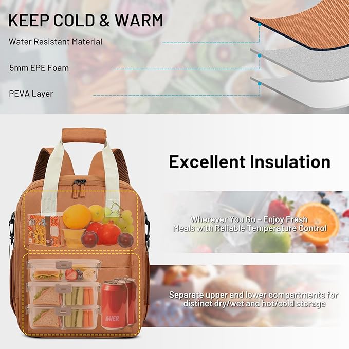 MIER Backpack Cooler 24 Cans Insulated Soft Cooler Bag with Detachable Double Decker Leakproof Lightweight Lunch Back Pack Women Men for Work Travel Picnic, Brown