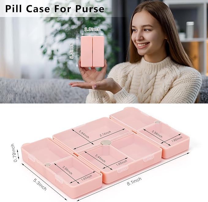 FYY Daily Pill Organizer,2 Pcs 7 Compartments Portable Pill Case Travel,Folding Design Pill Box for Purse Pocket to Hold Vitamins,Cod Liver Oil,Supplements and Medication-Pink