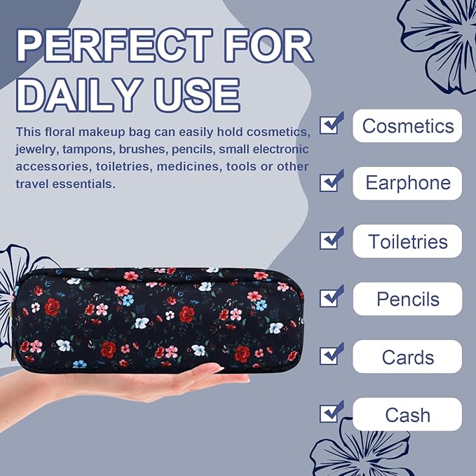 Waterproof Small Floral Pencil Case Makeup Bag for Purse,Cute Flower Pencil Pouch Preppy Nylon Makeup Brush Holder with Zipper,Girls Portable Storage Case Pen Bag for Work(Slim Black-Flowers)
