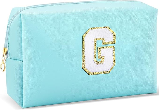 Gifts for Girls Initial Makeup Bag Personalized Cosmetic Bag with Zipper Cute Travel Toiletry Bag Waterproof PU Preppy Makeup Pouch Birthday Gift for Teen Girls Women(Blue G)