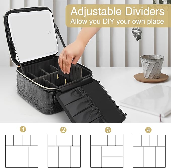 Relavel Makeup Train Case With LED Mirror, Professional Travel Cosmetic Bag with Removable Partitions, Compact Makeup Organizer, Waterproof Toiletry Case for Women, Black