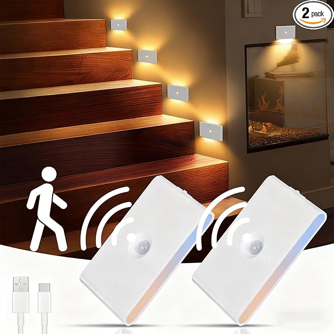 2 Pack Night Light, Motion Sensor Night Light Rechargeable Day Mode & Night Mode 2700K-6500K White Dimmbale for Bedroom Kitchen Hallway Stairs