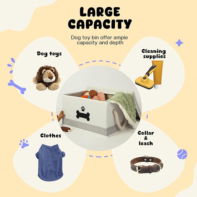Dog Toy Basket with Lid, Dog Basket for Toys, Dogs Toy Box with Cotton Rope Handles, Collapsible Storage Bins for Pet Toys, Dogs Storage Organizer, Beige&Gray