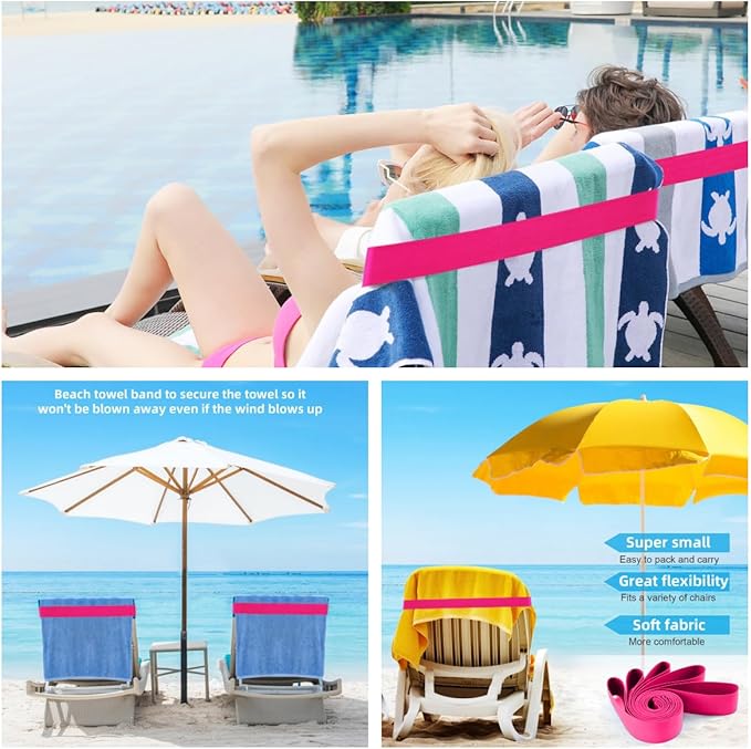 Towel Bands (4-Pack), Beach Towel Clips for Beach Chairs, Pool Lounge Chairs & Cruise Ships - Extra Durable Beach Essentials, Windproof Clips for Outdoor Travel Essentials(Pink)