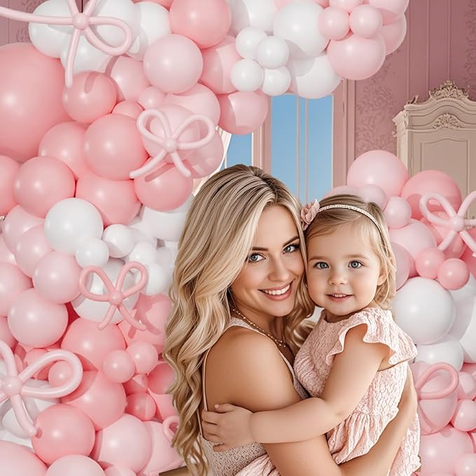 Pink Bow Balloon Arch Kit,130 PCS Coquette Birthday Decorations, Pastel Pink and White Garland Include Light blush Coquette Bow Balloon for Wedding Bridal Baby Shower Girls' Birthday Decoration