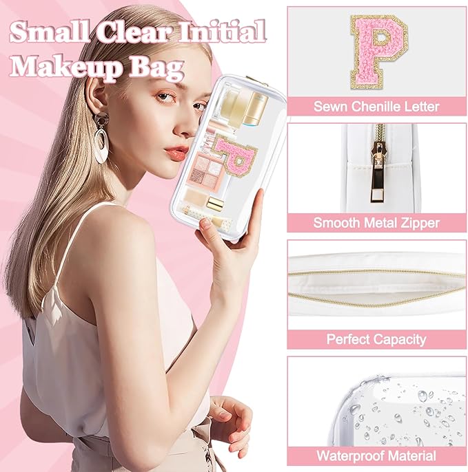 Small Clear Personalized Initial Makeup Bag, Preppy Nylon A-Z Chenille Letter Patch Makeup Organizer TSA Approved Travel Toiletry Bag,Waterproof Zip Beach Cosmetic Pouch Purse for Women(White-Pink P)